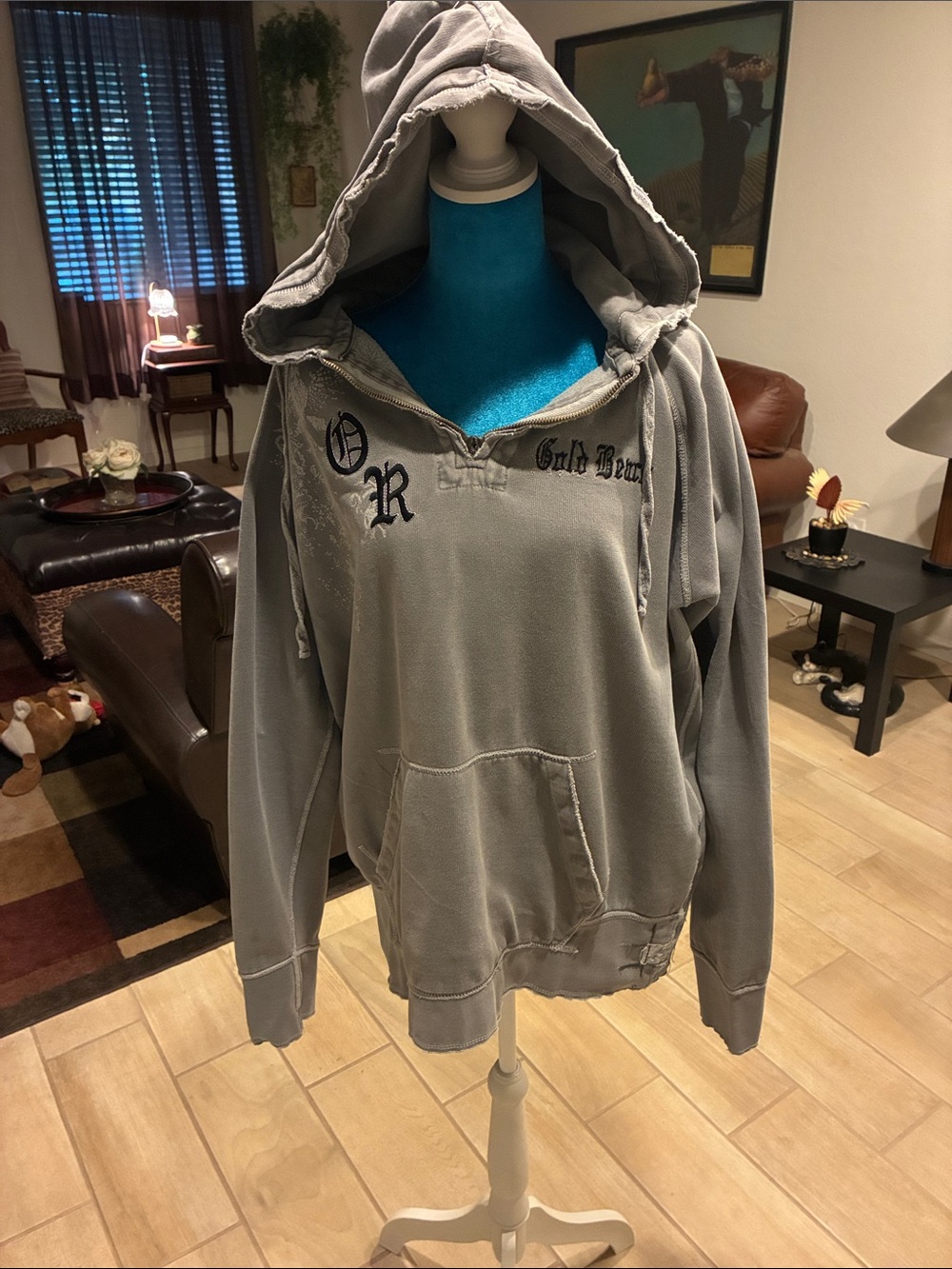 PRICE DROP!!!!Distressed look Men's Gray Zip-Up Hooded Sweater with Front Pocket